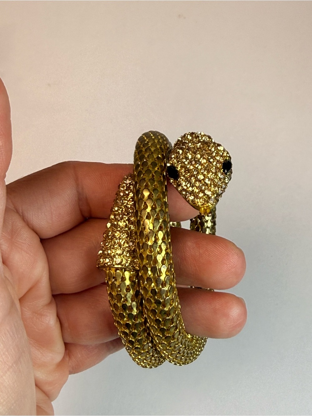 Vintage Gold Mesh Snake Coil Bracelet Rhinestone Serpent Statement